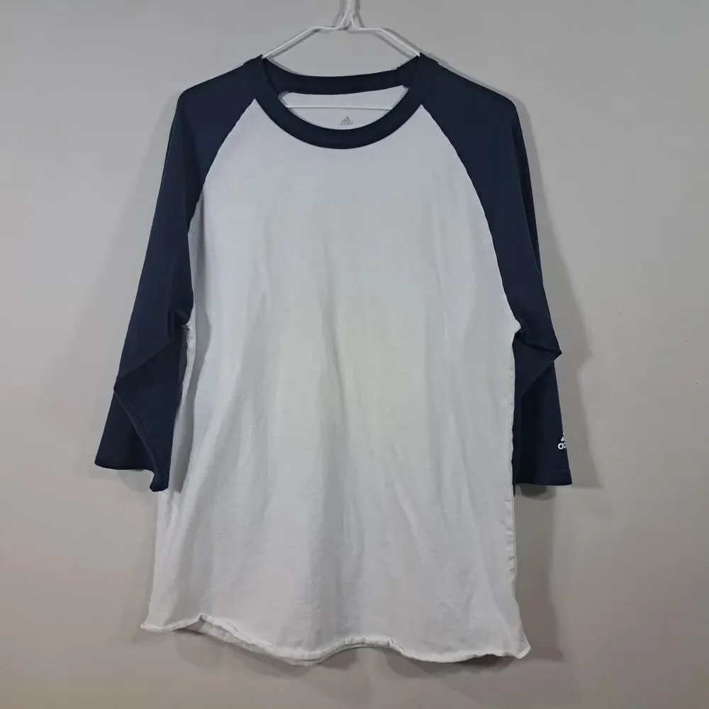 Men's Adidas 3/4 Sleeve Crew Neck Navy and White Baseball Tee XL